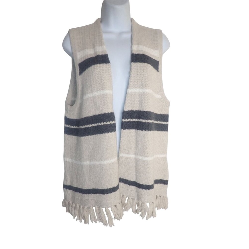 Madewell Cream and Black Striped Fringe Knit Vest